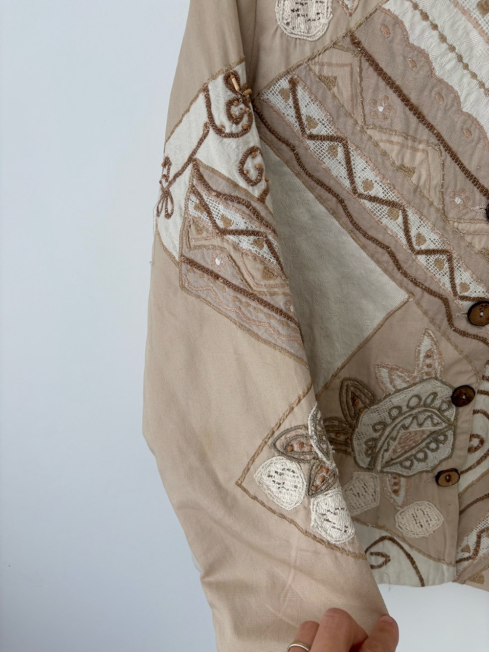 Vintage TanJay Embroidered Patchwork Jacket Beige Boho Cotton Cropped Blazer - Picture 7 of 12